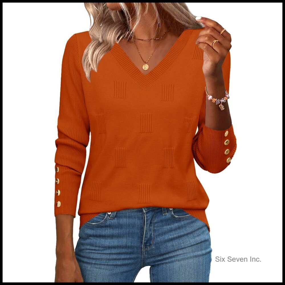 V-Neck Ribbed Knit Pullover Sweater Blouse Long Sleeve Lightweight Button Cuffs
